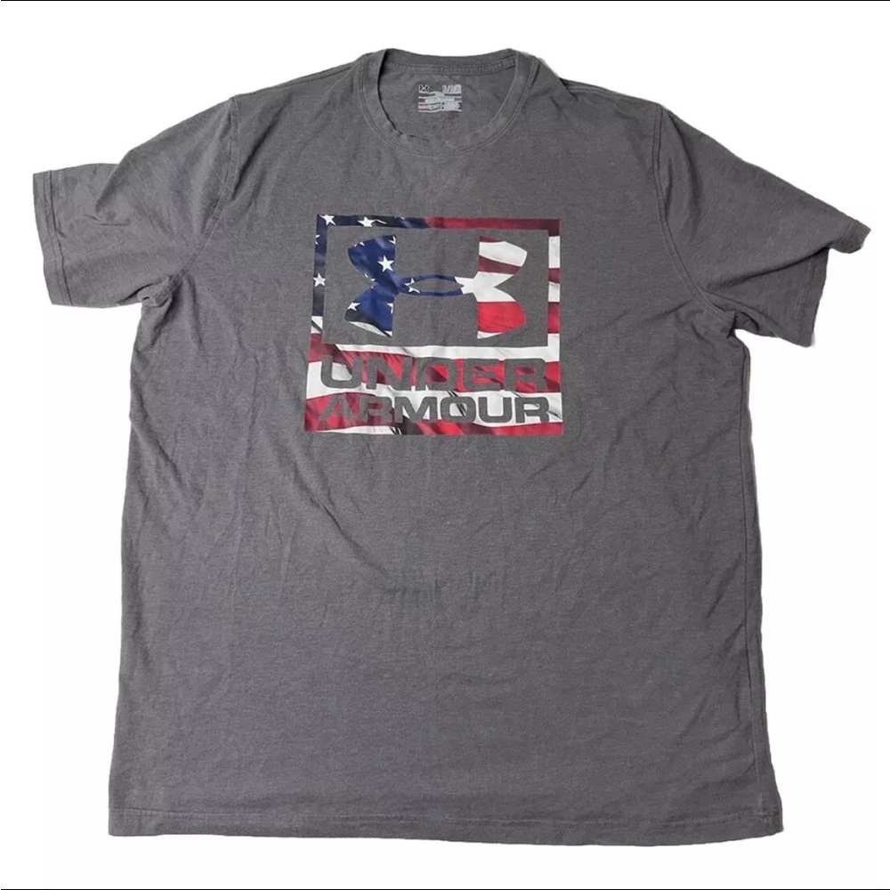 Men’s XL Under Armour Grey Red White Blue RWB Graphic Short Sleeve T Shirt USA
